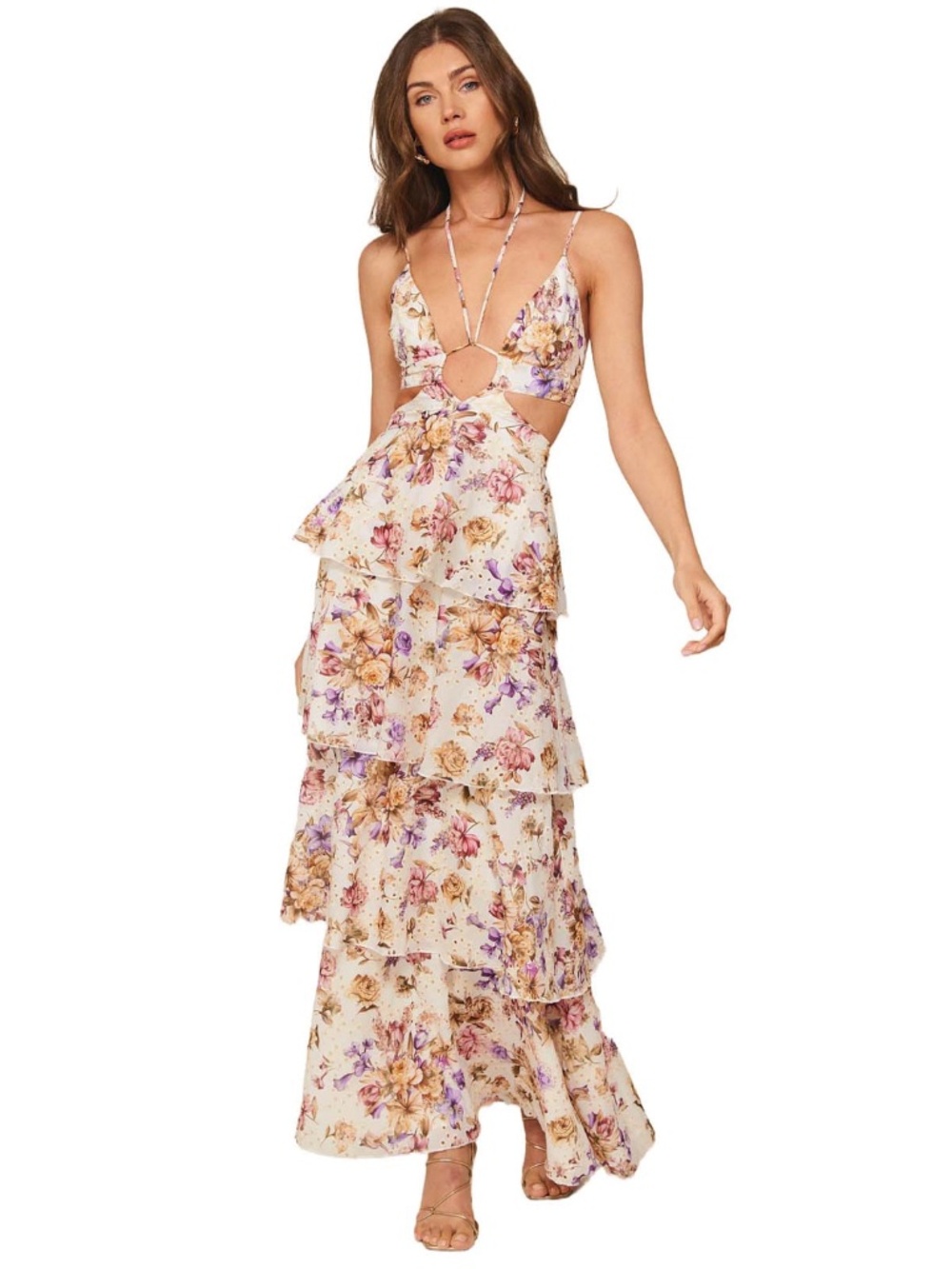 LINE AND DOT FLORET MAXI RUFFLE DRESS - Picture 1 of 6